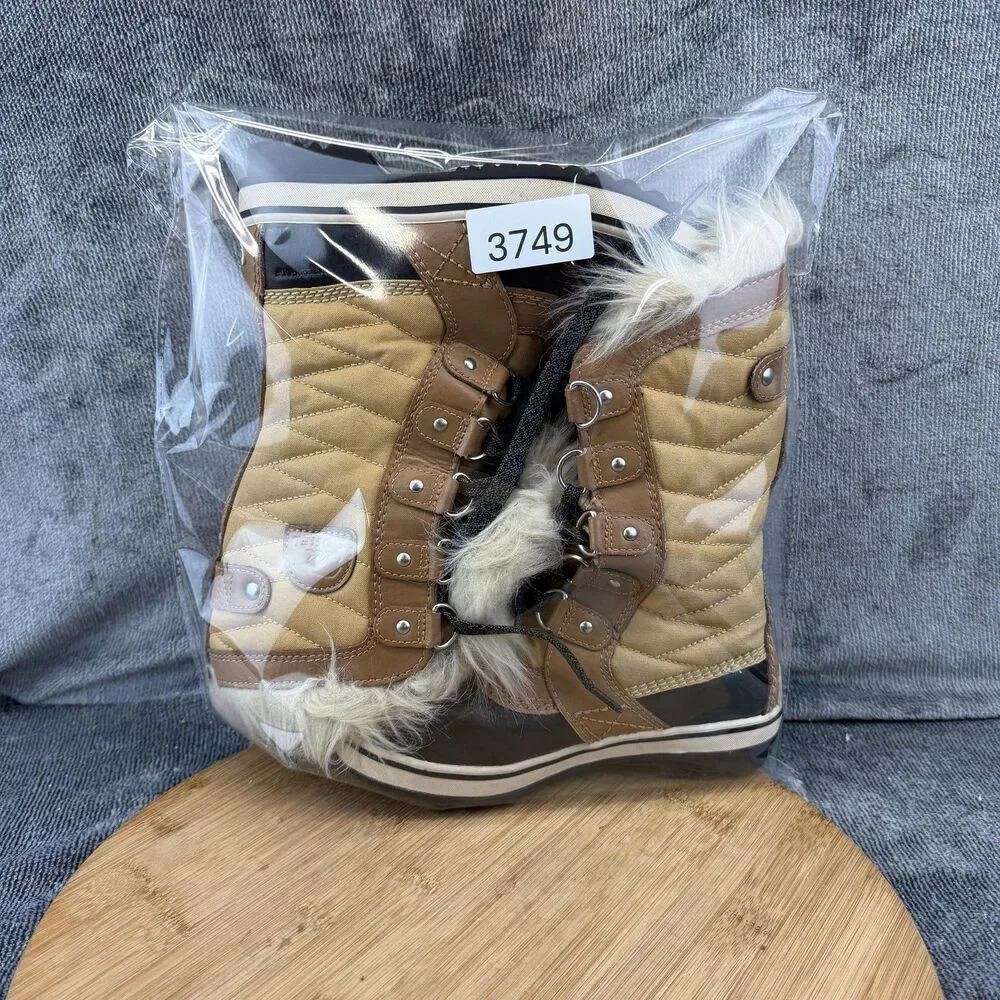 Sorel Boots Girls Size 1 Brown Nylon Faux Fur Waterproof Winter Snow NY2419-373